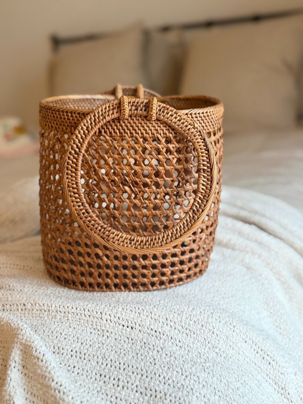 Street Level Woven Rattan Basket Bag | Round Handles - Picture 1 of 5